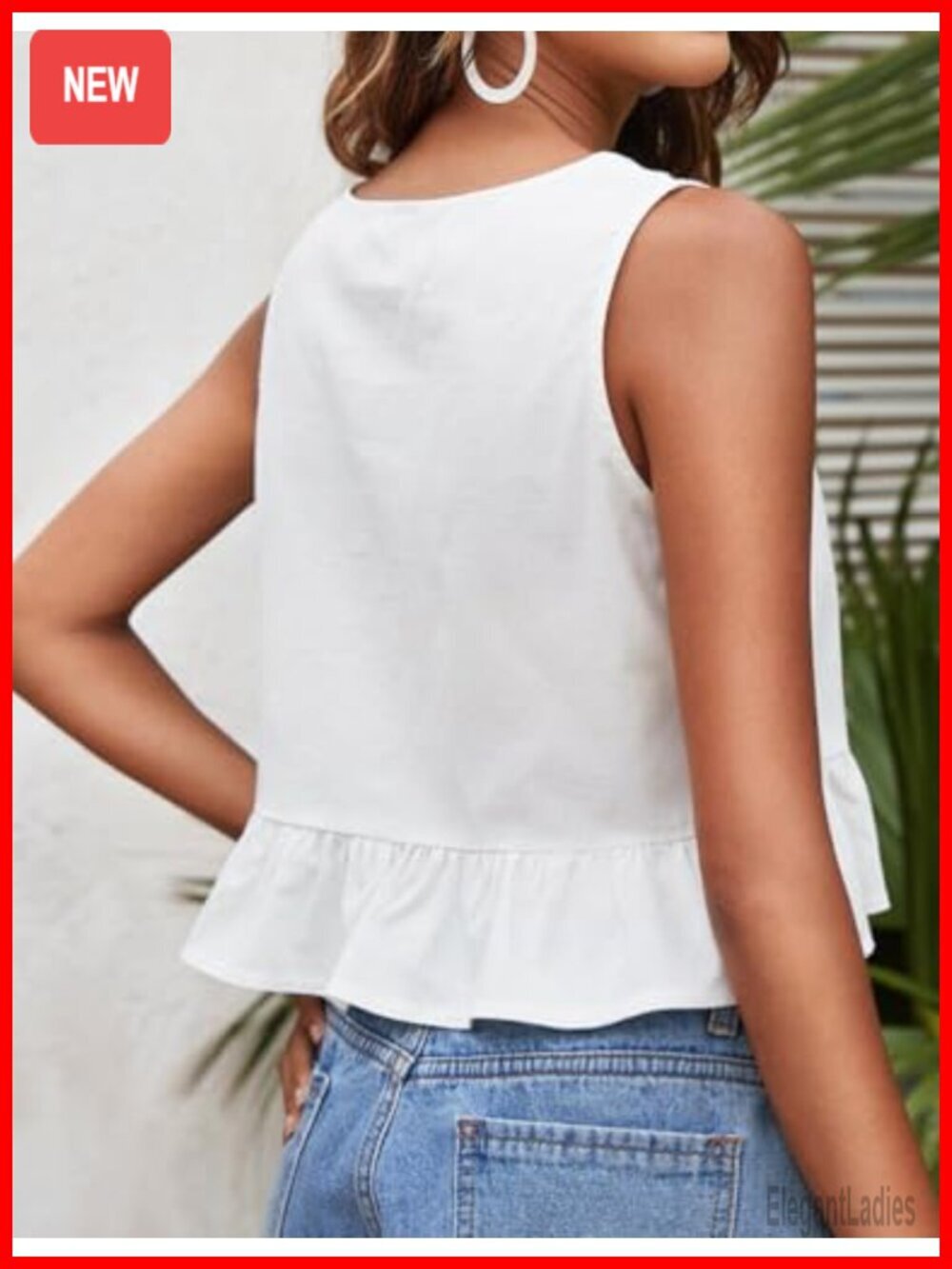 Women's Linen Tank Top Crewneck Ruffle Cropped Sleeveless Blouse - Picture 4 of 4